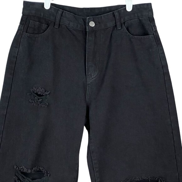 Denim Jeans Distressed Size Large 32x31 Regular Wide Leg High Rise Black NWOT - Picture 3 of 9